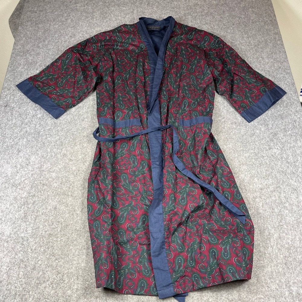 State O Maine Mens Paisley Robe Burgundy Navy Blue Wrap Cotton One Size OS